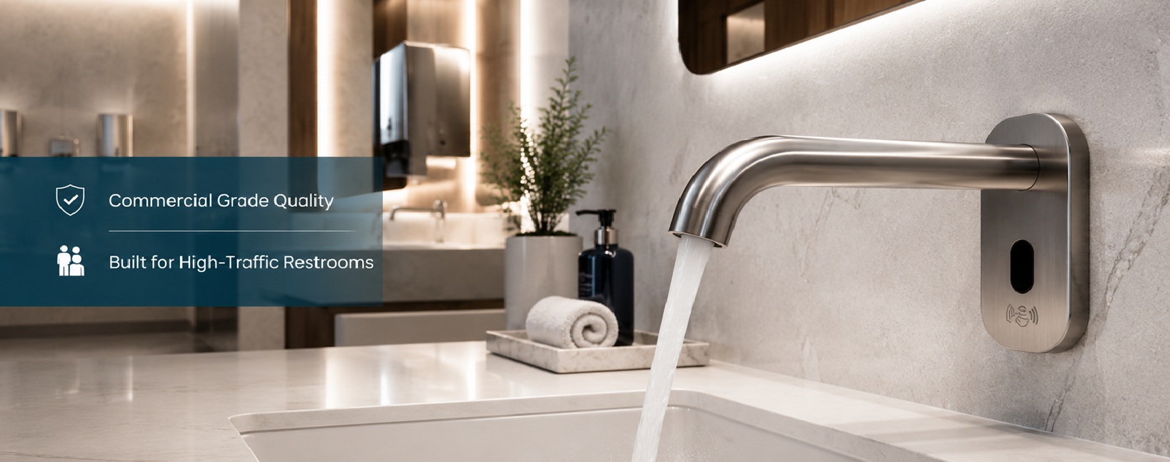 Commercial touchless faucet with solid brass construction, infrared sensor, and water-efficient flow in luxury restroom